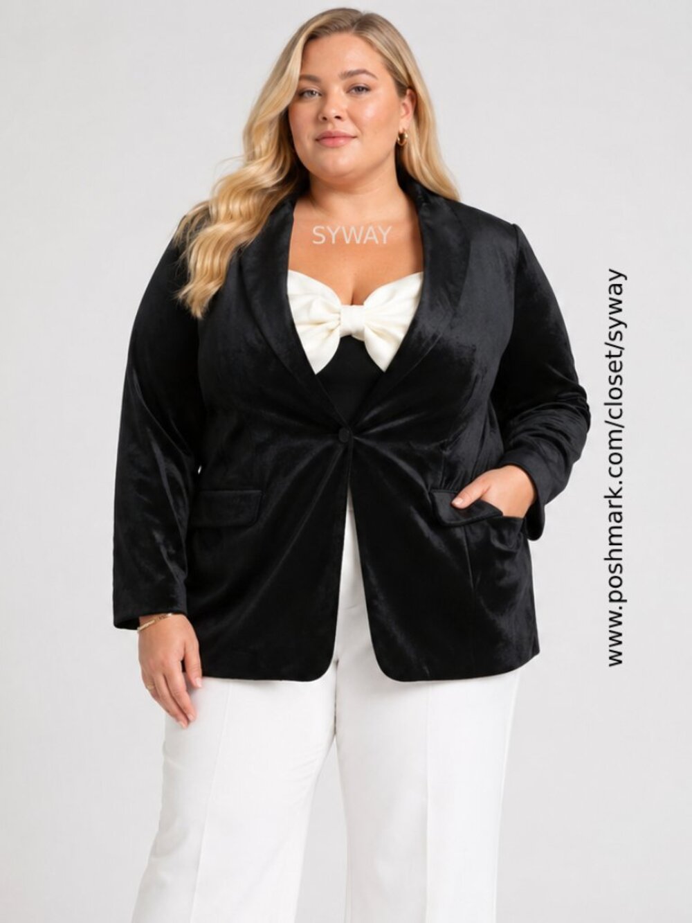 Eloquii Velvet Slim Tuxedo Blazer Shawl Collar Black Flap Pockets